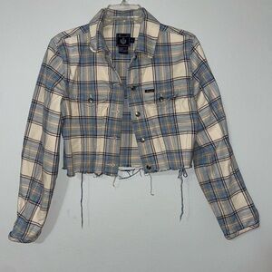Faconnable‎ Womens Plaid Jacket Blue Tan Button Up Distressed Cropped Size Large